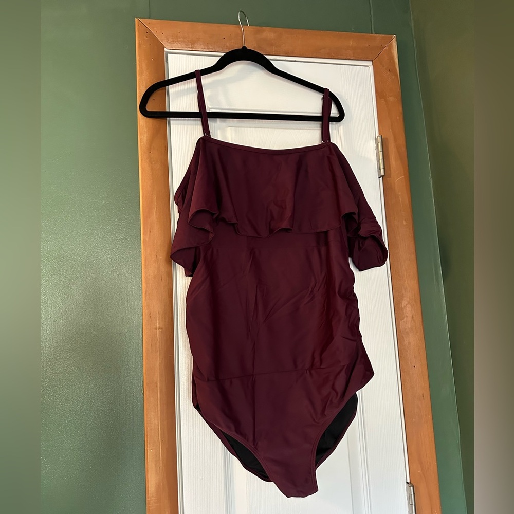 Burgundy Maternity Off-Shoulder Swim Suit